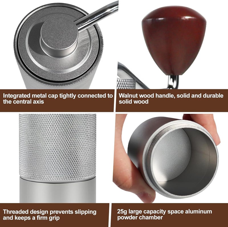 DITOSH Manual Coffee Grinder Non-Detachable Stainless Steel Conical Burr Aluminum Coffee Bean Grinder with 25 Grinding Settings Cleaning Brush Grindable Espresso Moka Pot French Press for Camping Silver - Image 5